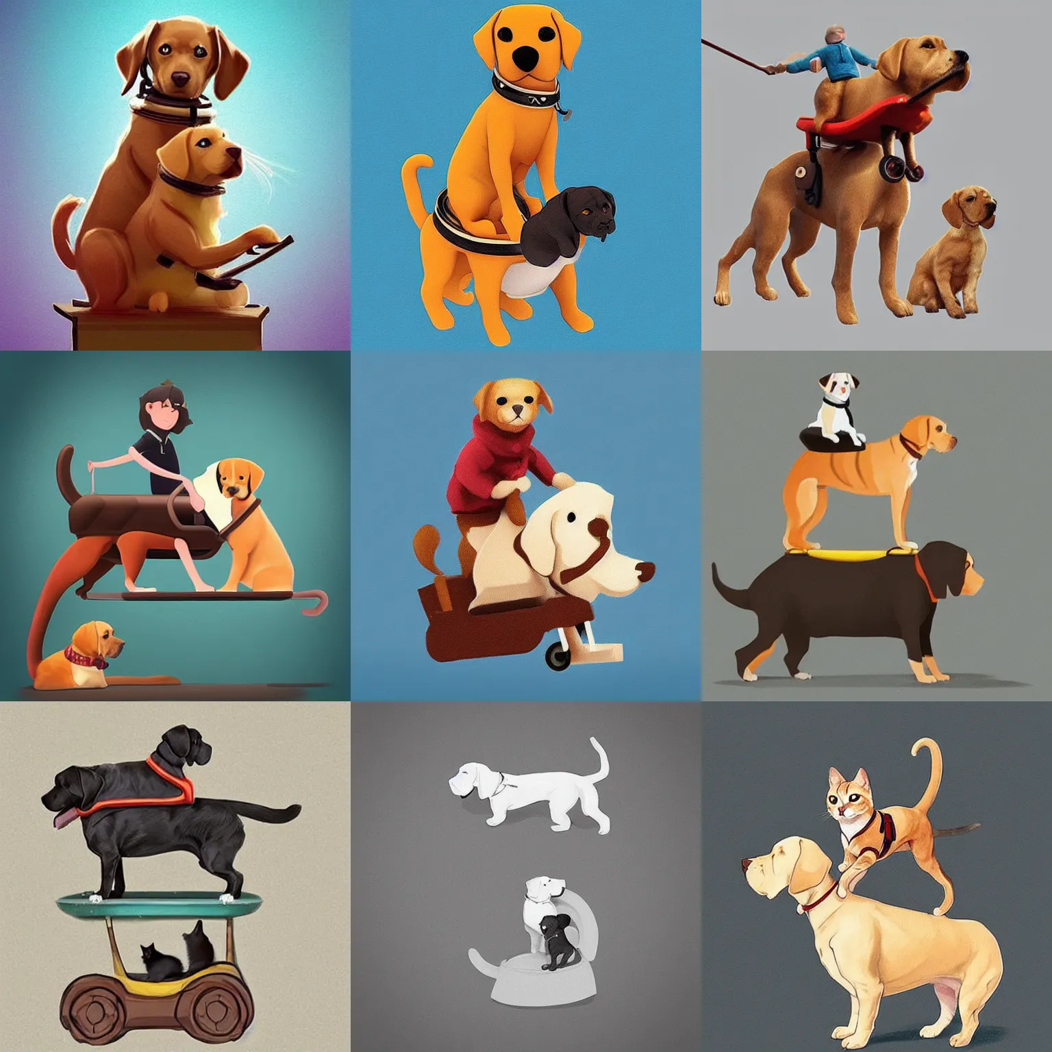 Prompt: tiny cat riding a labrador, cat on top of dog, concept art, artstation, trending on Instagram, Twitter