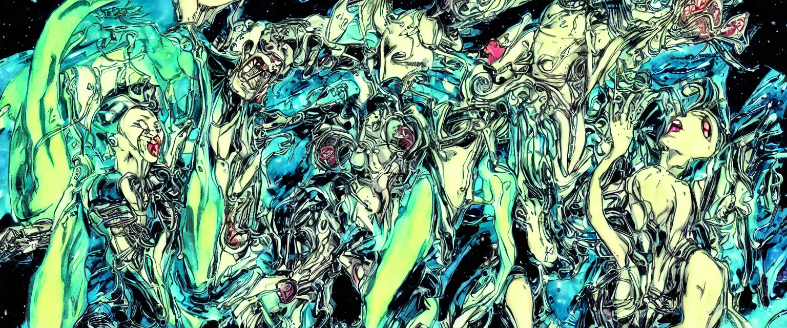 Prompt: exaltics apocalyptic ufo woman is screaming and crying after alien invasion on planet earth style of anime manga comic books in the year seventies, storybook illustration, by yoshitaka amano, green color scheme