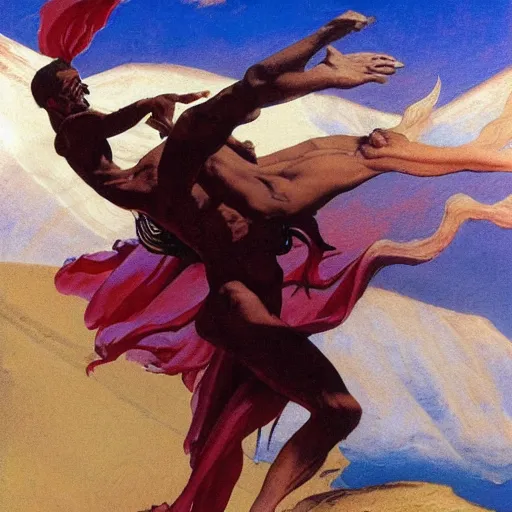 Prompt: Silk sheet intercession desert the tempest male Bedouin under crimson azure diamond sky, in the style of Frank Frazetta, Jeff Easley, Caravaggio, extremely clear faces coherent, clear lines, 8K revolution