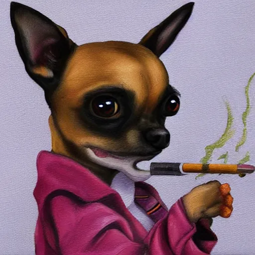 Image similar to a painting of a chihuahua smoking weed in an office