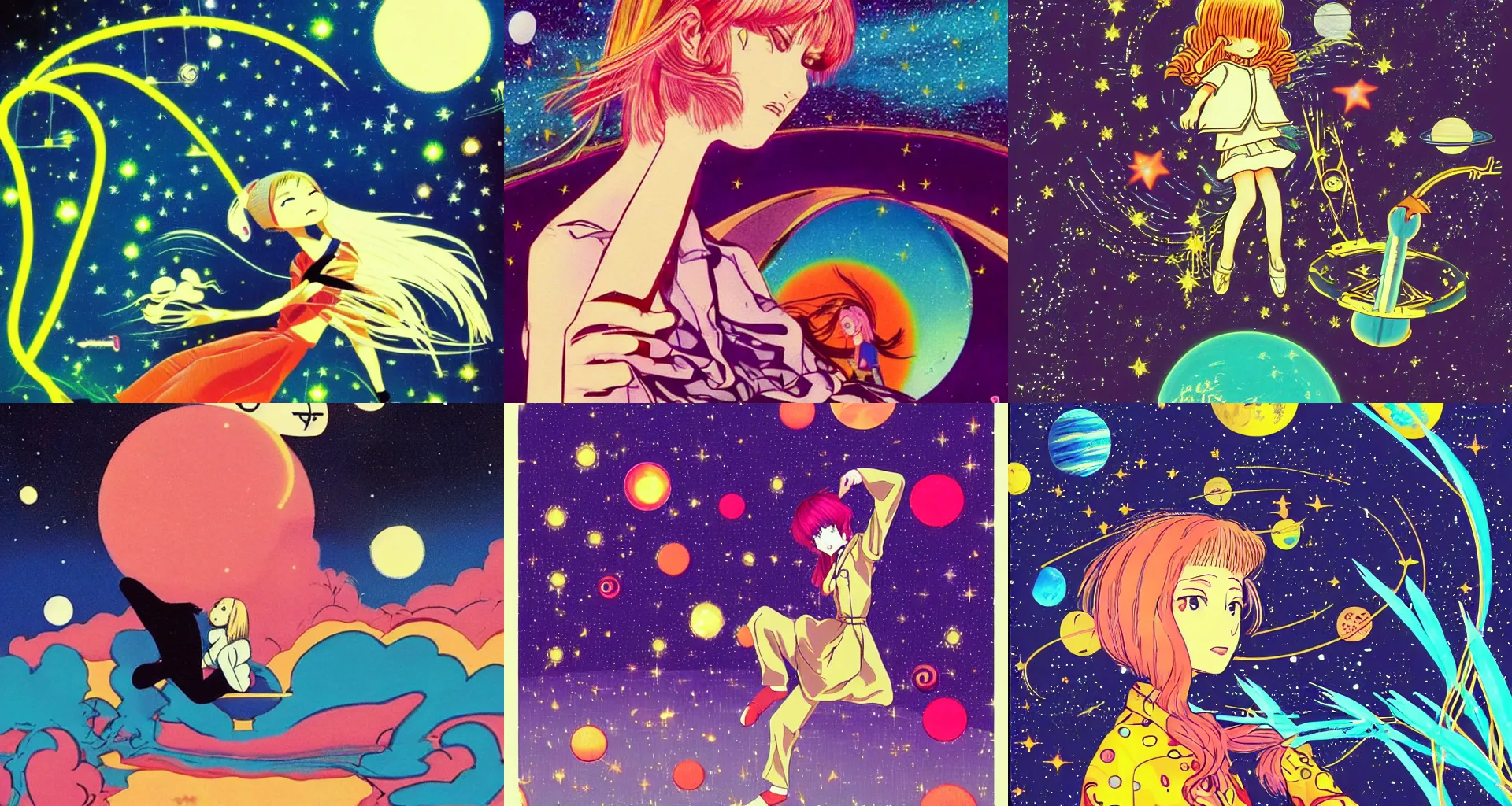 Prompt: 'There is nothing so loathsome as a sentimental surrealist.' illustration by asxi kdi, zido, 80s retro anime aesthetic wallpaper. An isolated girl, dreaming of the galaxy express. I dream of a futuristic, utopian space ship, complete with the sound of the stars dancing to our music