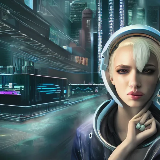 Image similar to panorama of a pretty blond cyberpunk seraphim in a machine city, perfect symmetrical face, cute face, 8 k, shallow depth of field, 8 k, ultra high detail, concept art, w 1 0 2 4