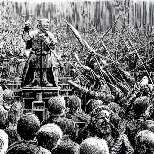 Image similar to enoumous crowd of people, as seen in the battle of helm's deep, but no weapons or armor present, everyone is laughing and pointing at donald trump standing on a podium. style of political cartoon.