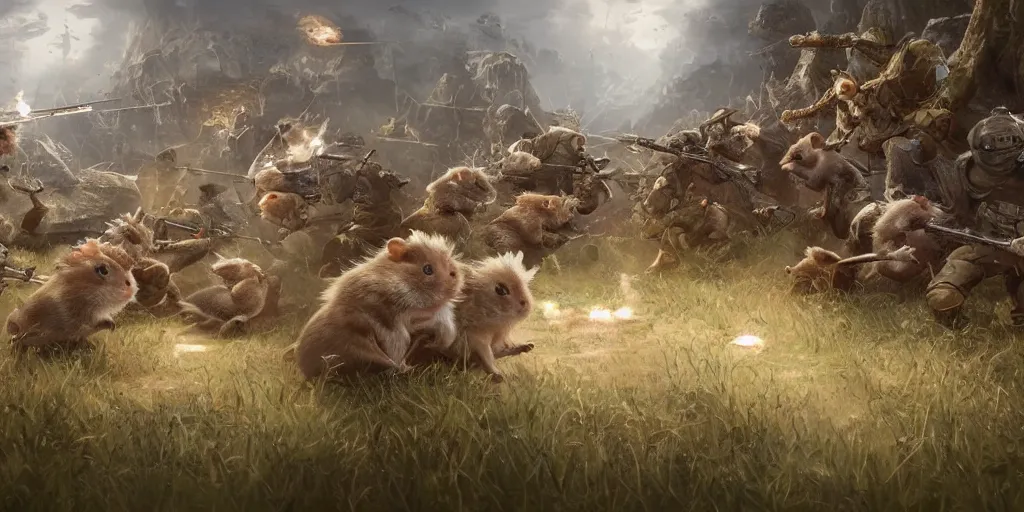 Image similar to highly detailed image of hamsters in a battle, hamsters, hamsters holding rifles, stephen bliss, unreal engine, fantasy art by greg rutkowski, global illumination, radiant light, detailed and intricate environment