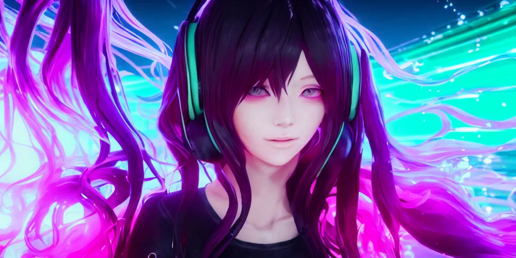 Prompt: beautiful portrait of a woman with pastel long hair floating in the air with her eyes open facing the camera centered with studio headphones on in the style of a code vein character, momo from twice in code vein in the style of WLOP, artgerm, yasutomo oka, rendered in unreal engine and redshift octane , background is surrounded by epic neon glitch effect digital art dynamic dramatic lighting, soft lighting, imagine fx, artstation, cgsociety, by Bandai Namco artist,