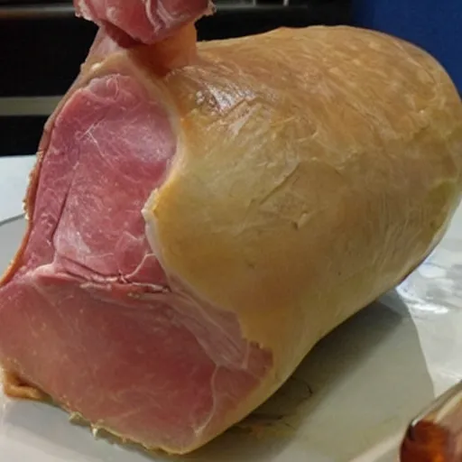 Image similar to gordon ramsay's face on a cooked leg of ham