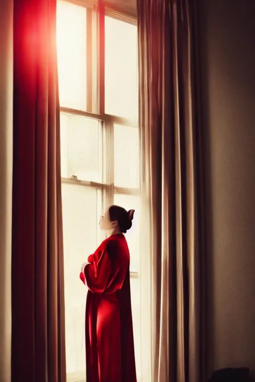 Image similar to a stunning brunette, wearing a silky red robe, sunlight shining through, standing near a window, closeup, cinematic, by wlop