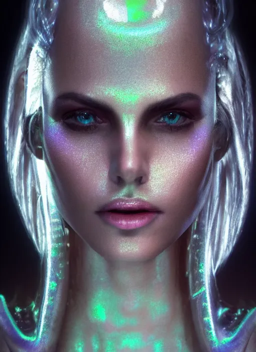 Image similar to beauteous sumptuous face by h. r. giger, cinematic forest lighting, with incredible iridescent pearlescent voluminous fluorescent neon laser beam hair, delicate crystalline masterpiece tattoos, hyperdetailed face, elegant pose, movie still, intricate, octane render, unreal engine, crepuscular rays, god rays