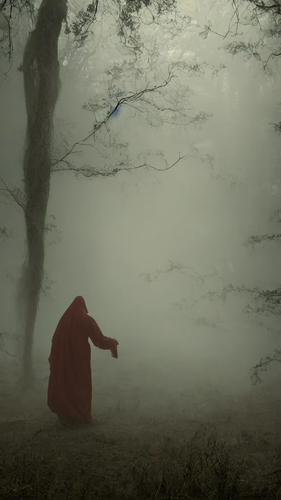 Image similar to photo of a mystical figure in golden robes sneaking through a swamp in the fog, cinematic lighting, highly detailed, horror