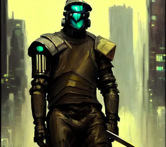 Image similar to Greg Manchess painting of a cyberpunk supersoldier character with katana, armoured in athletic carbon suit head to toe, cyberpunk street, rain, dark atmosphere, wide shot, asymmetrical, profile picture, Organic Painting, sunset dark dramatic, matte painting, bold shapes, hard edges, street art, trending on artstation, by Huang Guangjian and Gil Elvgren and Sachin Teng