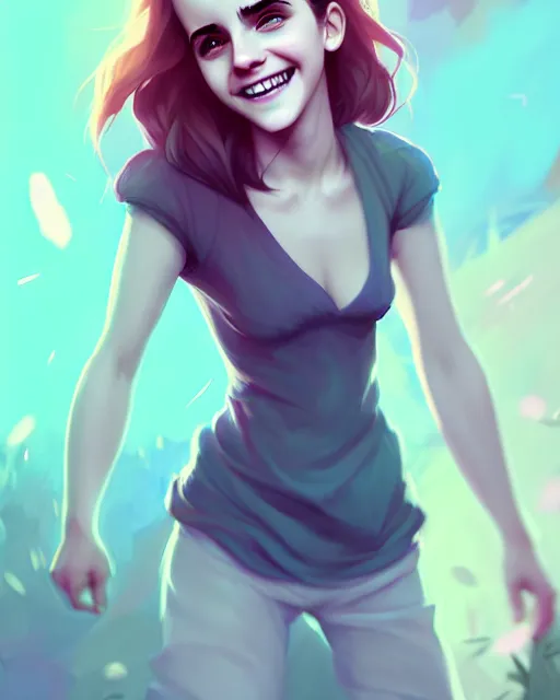 Image similar to beautiful full body Emma Watson smiling, art by lois van baarle and loish and ross tran and rossdraws and sam yang and samdoesarts and artgerm, digital art, highly detailed, intricate, sharp focus, Trending on Artstation HQ, deviantart, unreal engine 5, 4K UHD image