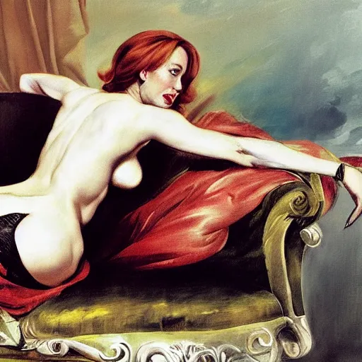 Image similar to dana scully sitting on a chaise lounge, auslese, by peter paul rubens and eugene delacroix and karol bak, hyperrealism, digital illustration, fauvist