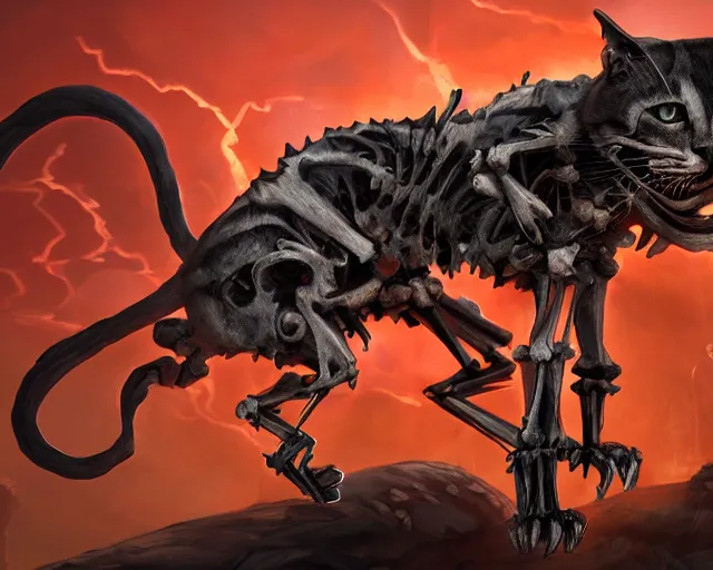 Prompt: an epic action concept masterpiece of demented skeletal cat, inspired by sd ai, digital art, horrific cinematic lighting, 4 k