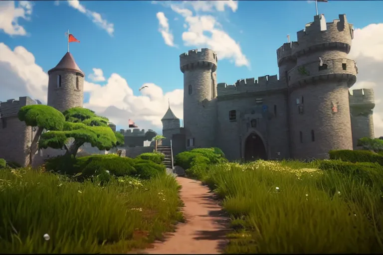 Image similar to game trailer of a semi realistic first person studio ghibli, pixar and disney animation, sharp, shooter game trailer on victorian castle, castle landscape, rendered in unreal engine 5, cinematic lighting, ray tracing, unreal engine 5, photorealistic