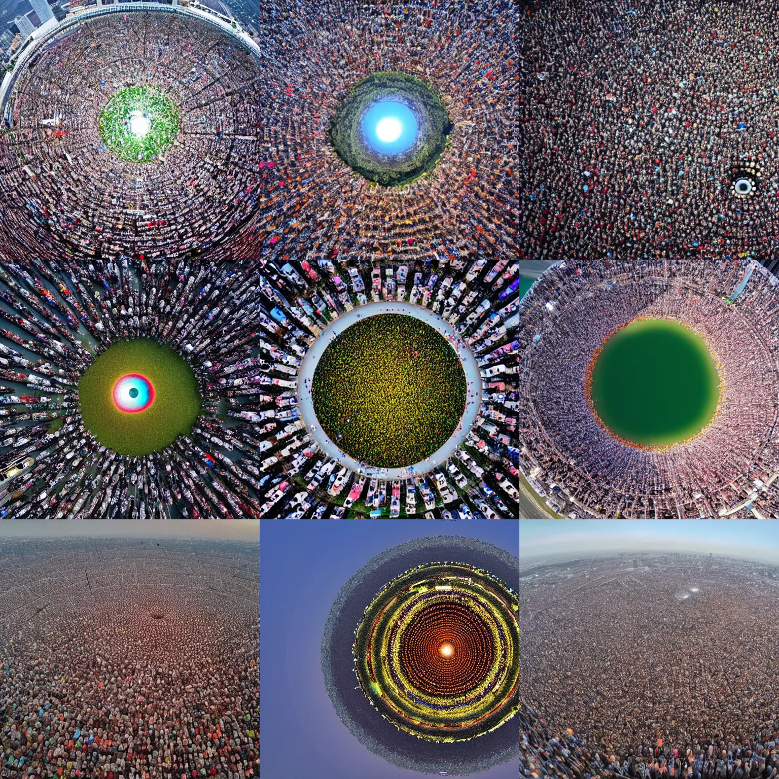 Prompt: <picture quality=hd+ mode='attention grabbing'>Millions of people stacked on top of each other forming an eyeball, view from drone</picture>