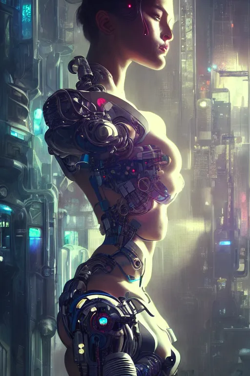 Image similar to ultra realistic, beautiful female cyborg in a crowded smoky cyberpunk club in space megalopolis, sci-fi, intricate details, eerie, highly detailed, octane render, 8k, art by artgerm and alphonse mucha and greg rutkowski