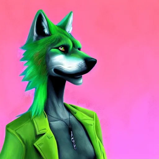 Image similar to Beautiful portrait digital painting, oil painting, anthro anthropomorphic pastel-green androgynous wolf, at a lake anarchist anarcho-punk Punk Punk outfit. furaffinity, artstation