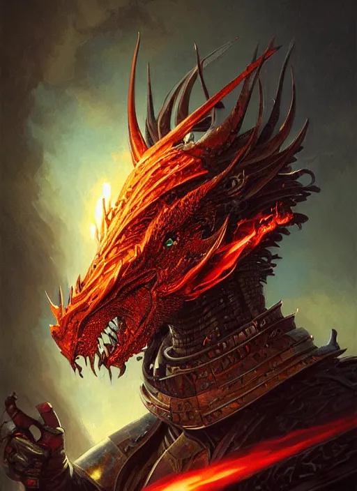 Image similar to highly detailed portrait of knight's helmet reflecting red dragon reflection detailed, 8 k blocking flames fire, green eyes, fantasy art by by simon bisley, loish, rhads, ferdinand knab, makoto shinkai and lois van baarle, ilya kuvshinov, rossdraws, tom bagshaw, global illumination, radiant light, detailed and intricate environment