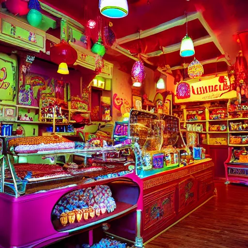 Prompt: Inside a magical old fashioned sweet shop, fantasy vendor interior, wide angle, cinematic shot, highly detailed, cinematic lightnig , photo-realistic, colorful