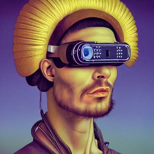 Image similar to Colour Caravaggio and Leonardo da Vinci style full body portrait Photography of Highly detailed Man wearing Ukrainian folk costume with 1000 years perfect face wearing highly detailed retrofuturistic VR headset designed by Josan Gonzalez. Many details In style of Josan Gonzalez and Mike Winkelmann and andgreg rutkowski and alphonse muchaand and Caspar David Friedrich and Stephen Hickman and James Gurney and Hiromasa Ogura. Rendered in Blender and Octane Render volumetric natural light