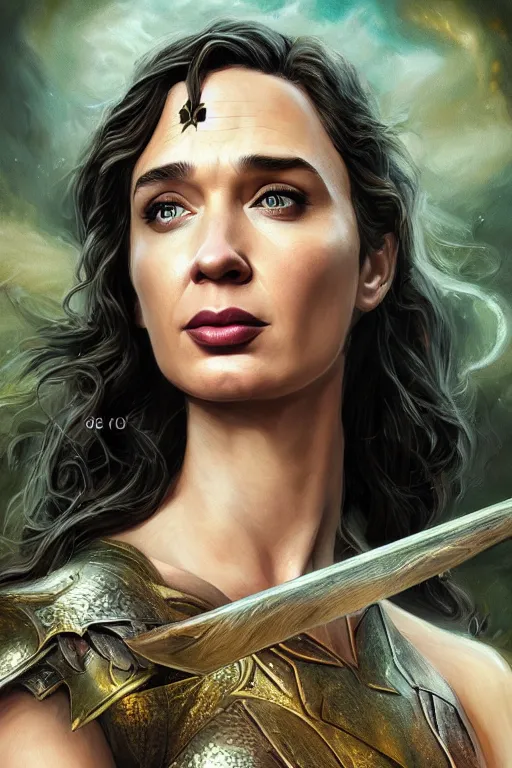 Image similar to A fantasy comic book style portrait painting of, hybrid of Gal Gadot, Emily Blunt, as an Atlantean, Reptilian Warrior, Mystical Valkyrie, Armor, Sword, Archer Bow, Spear, Sheild, François Boucher, Oil Painting, unreal 5, DAZ, hyperrealistic, octane render, Regal, Refined, Coherent, Detailed Digital Art, RPG portrait, William-Adolphe Bouguereau, Michael Cheval, Walt Disney (1937), Steampunk, dynamic lighting, Highly Detailed, Cinematic Lighting, Unreal Engine, 8k, HD