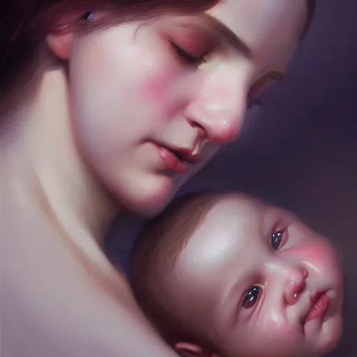 Image similar to love is patient love is kind, mother and child ; photorealistic oil painting by charlie bowater and mark blooms ; highly detailed cute faces by wlop ; trending on artstation