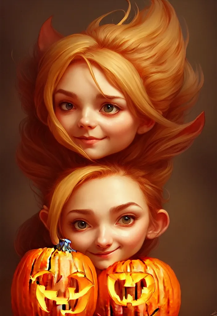 Image similar to hand drawn cute one gnomes face in autumn disguise holding pumpkin, detailed closeup face, concept art, low angle, high detail, warm lighting, volumetric, godrays, vivid, beautiful, trending on artstation, art by artgerm and greg rutkowski and alphonse mucha