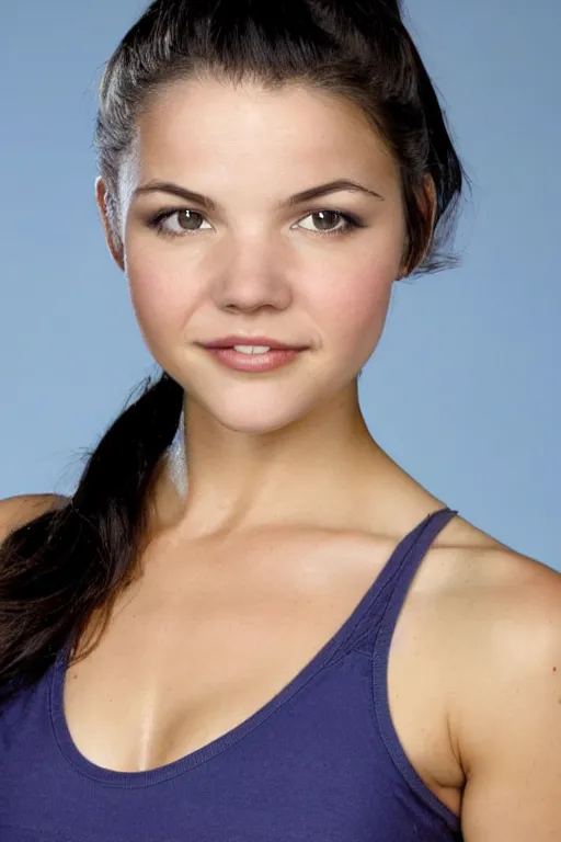 Image similar to fantasy character photo. facial expression of manic obsessive love. danielle campbell. black hair in ponytail. bright blue eyes. tall, lanky, athletic, wiry, slightly muscular. sleeveless light green dress. gleefully telling a bs story full of lies