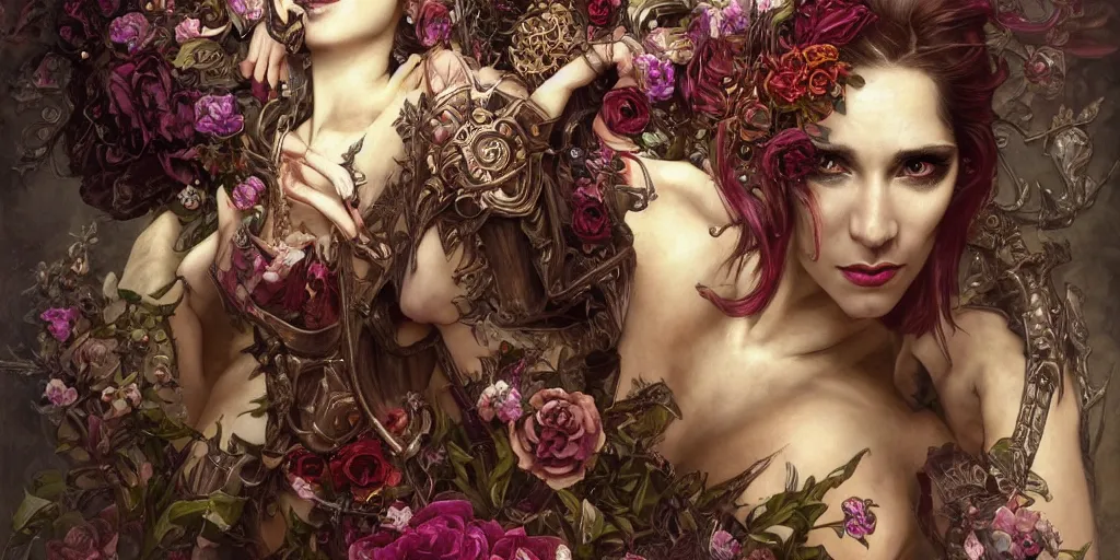 Image similar to flowerpunk necromancer lord with a mischievous smile, unreal, fantasy, intricate, elegant, dramatic, highly detailed, photorealistic, digital painting, painterly, artstation, concept art, smooth, sharp focus, art by john collier and krenz cushart and artem demura and alphonse mucha and albert aublet