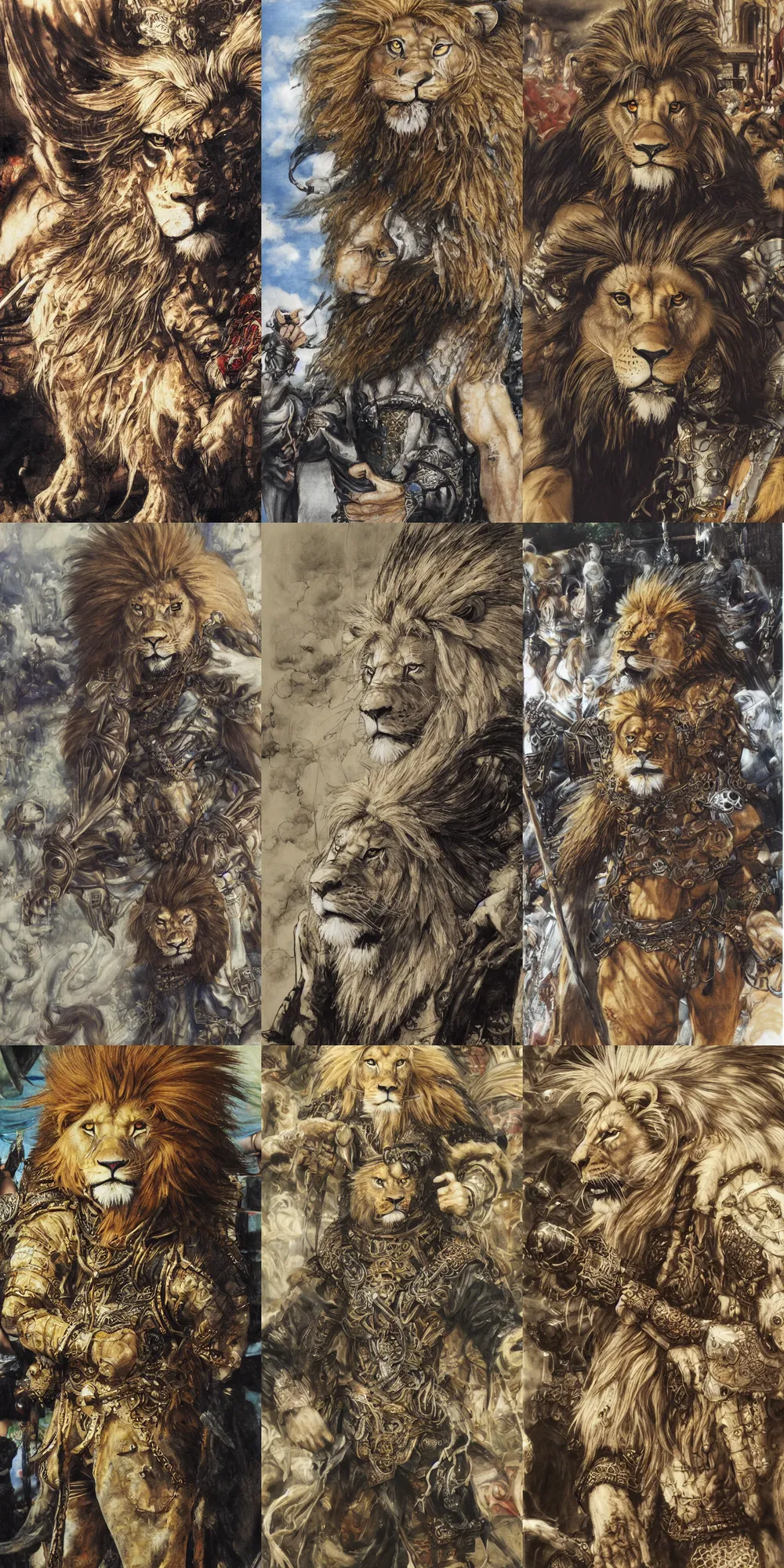 Image similar to 8 k yoshitaka amano painting of upper body of a young cool looking lion beastman with white mane at a medieval market at windy day. depth of field. he is wearing complex fantasy clothing. he has huge paws. renaissance style lighting.