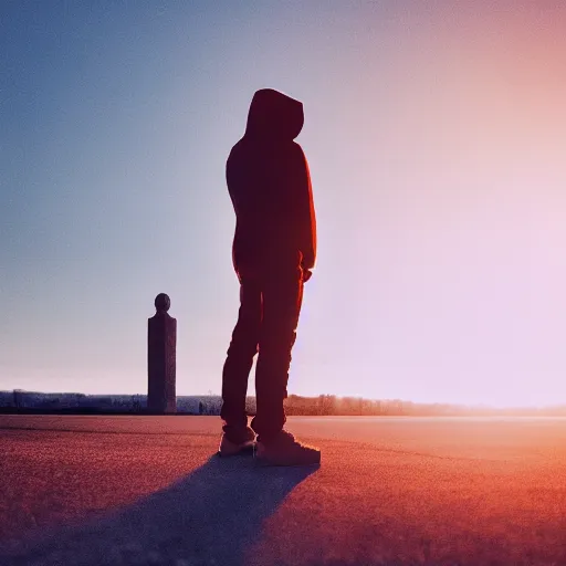 Prompt: cinematic photo of Hooded innocent man, hands behind back, waiting before firing squad, award winning, golden hour