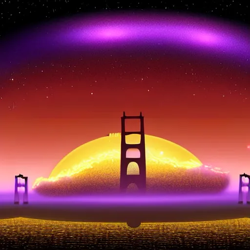 Image similar to WTC Twin Towers with distant Golden Gate Bridge in center, glowing black hole in the night sky in front of the Milky Way, red-hooded magicians casting purple colored spells towards the towers, white glowing souls flying out of the towers to the black hole digital painting in the style of The Lord of the Rings