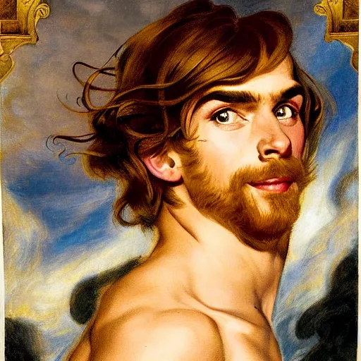 Image similar to beautiful portrait painting of Jim Hawkins from Treasure Planet with long curly blond hair, delicate young man wearing an open poet shirt smiling sleepily at the viewer, symmetrically parted curtain bangs, in love by Peter Paul Rubens and Norman Rockwell