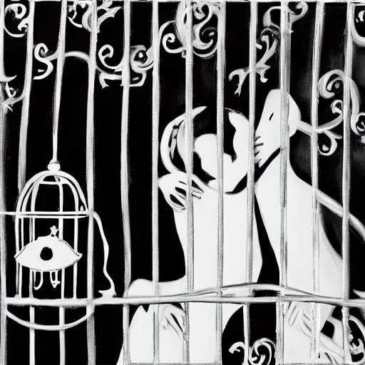 Prompt: two shadowy figures hugging each other in a birdcage, black and white