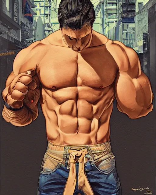 Image similar to gigachad luigi bodybuilder in tokyo by ilya kuvshinov, ernest khalimov body by krista sudmalis, super mario bros symmetrical face concept art, hyper realistic, intricate, elegent, highly detailed, digital painting, concept art, smooth, sharp, focus, illustration, art by artgerm and greg rutkowski and alphonse mucha, artstation