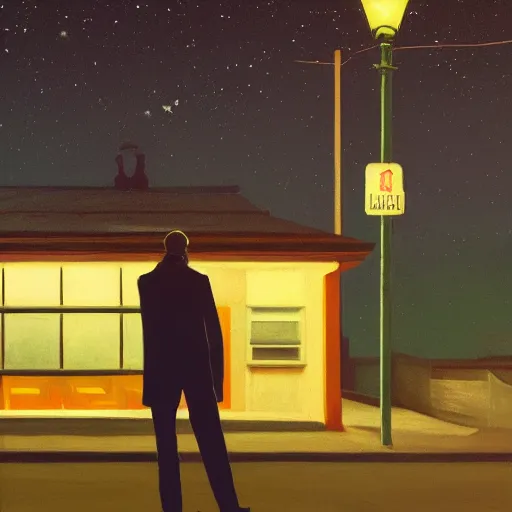 Prompt: a detailed portrait of a lonely man with a skull as his head standing in the street at night, green dramatic and cinematic light from the streetlight, the background is the sky full of stars, in the style of edward hopper, 4 k,