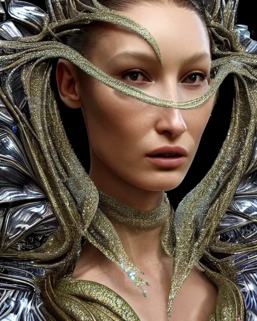 Image similar to a highly detailed metahuman 4 k close up render of an alien goddess bella hadid as alien in iris van herpen dress schiaparelli in diamonds crystals swarovski and jewelry iridescent in style of alphonse mucha gustav klimt trending on artstation made in unreal engine 4