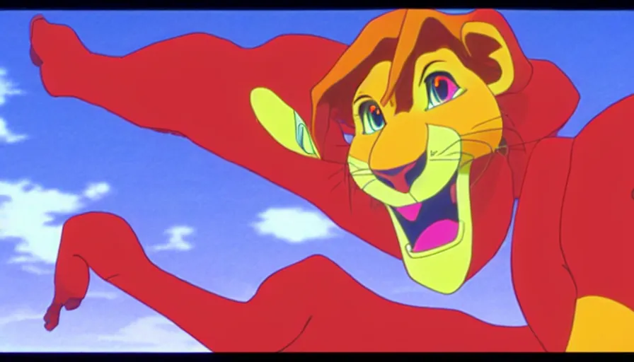 Prompt: simba from the lion king standing in tokyo - 3 in a long shot still from the anime neon genesis evangelion, 4 k, neon genesis evangelion official media, high quality, hideaki anno anime