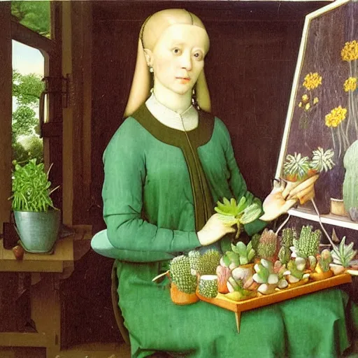 Prompt: painting by Roger Van Der Weyden of a beautiful blonde woman with shoulder length hair in a forest green dress putting colorful succulents into rainbow pots at a square table