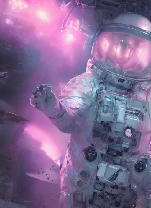 Image similar to complex poster art by craig mullins astronaut in futuristic pink and empty spaceship underwater. infrared glowing lights. complex and hyperdetailed technical suit. reflection and dispersion materials. rays and dispersion of light. volumetric light. 5 0 mm, f / 3 2. noise film photo. flash photography. unreal engine 4, octane render. interstellar movie poster