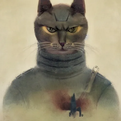 Image similar to Portrait face fuzzy eyes snout ears furry ripped physique kitty cat general camouflaged as a kitty cat man wearing a military officer uniform standing atop a panzer tank charlie bowater elina brotherus greg rutkowski Dan Witz paul klee jamie wyeth victo ngai