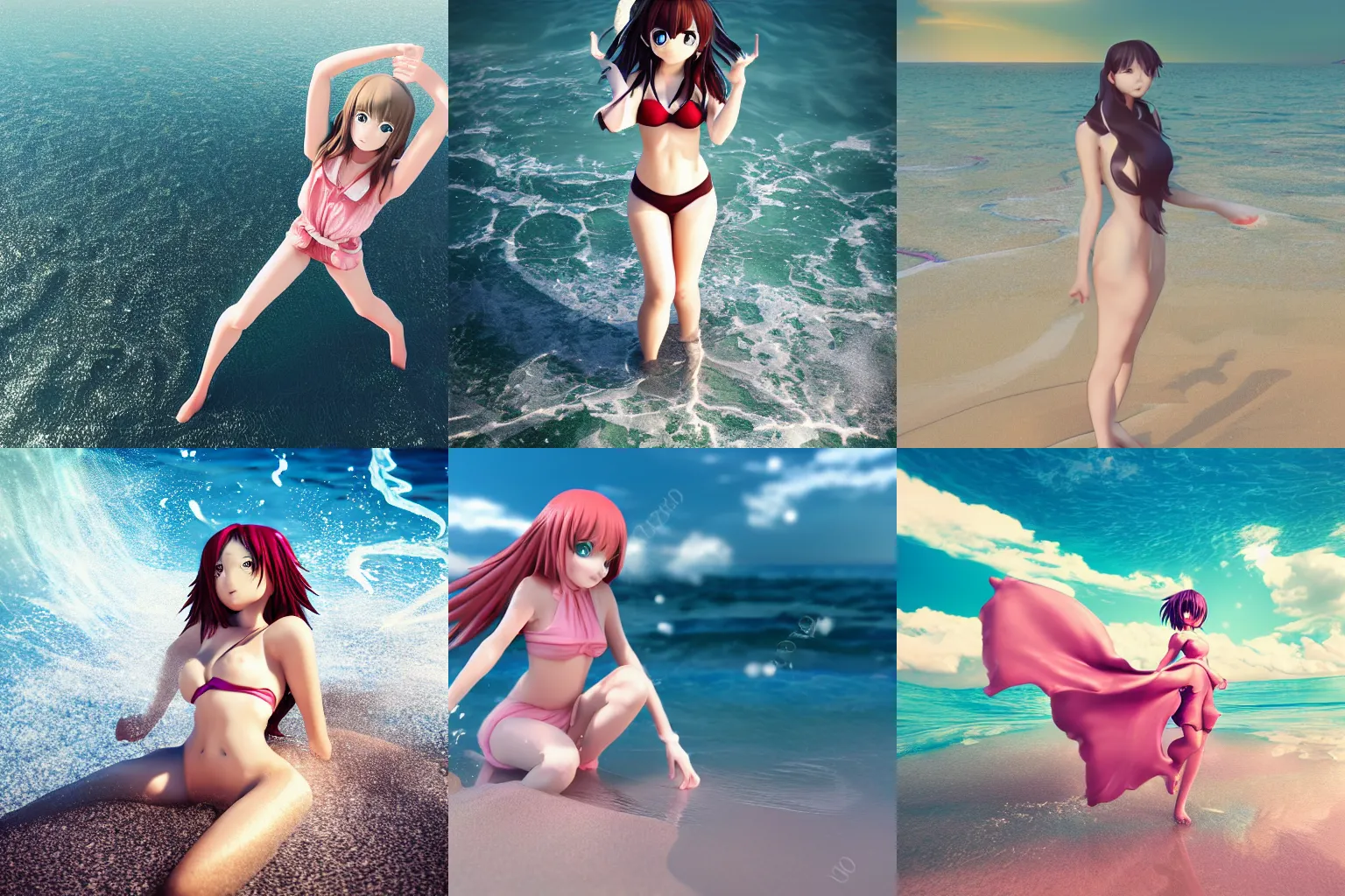 Prompt: anime girl 24yo fotoshoot on the beach octane render symmetric waves splashing