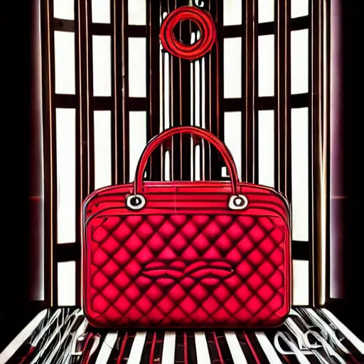 Prompt: a red luxury handbag in year 3000, art-deco style, in entrance hall of an art-deco skyscaper, photography , official chanel editorial , highly detailed