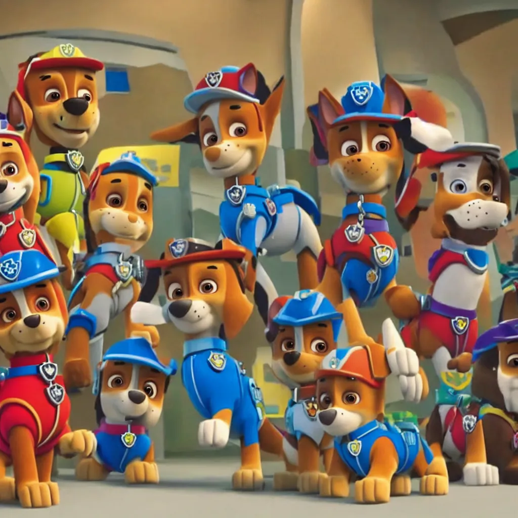 Prompt: still from paw patrol with chase from paw patrol making a goofy face