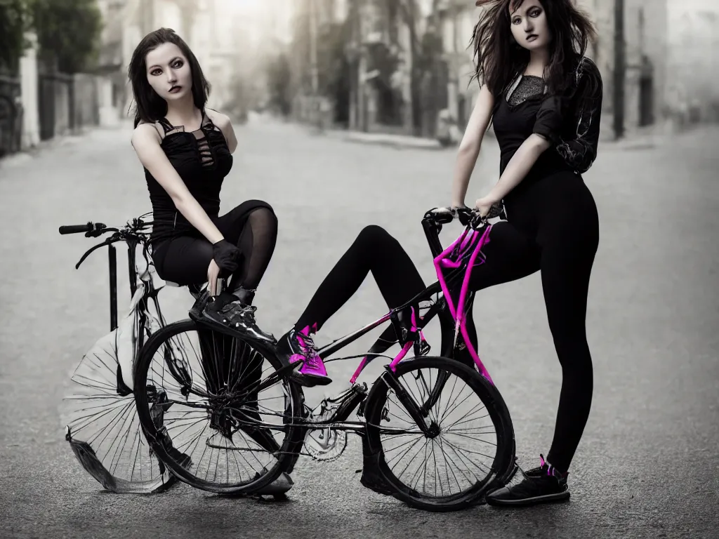 Image similar to full - length photo, young woman, leaning on a bike, gothic clothes, adidas shoes, 4 k, colourful