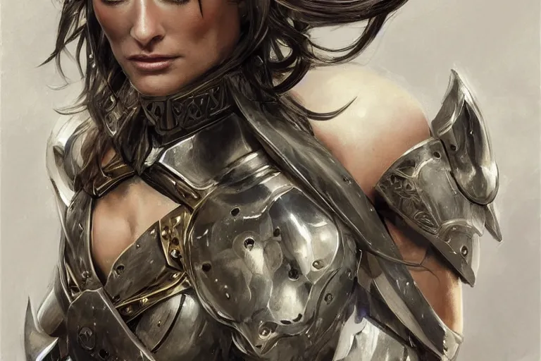 Image similar to a finely detailed portrait of Olivia Wilde, clothed in battle armor, olive skin, long dark hair, beautiful bone structure, symmetrical facial features, intricate, elegant, digital painting, trending on Artstation, concept art, smooth, sharp focus, illustration, from Metal Gear by Ruan Jia and Mandy Jurgens and Artgerm and Greg Rutkowski and william-adolphe bouguerea, award winning