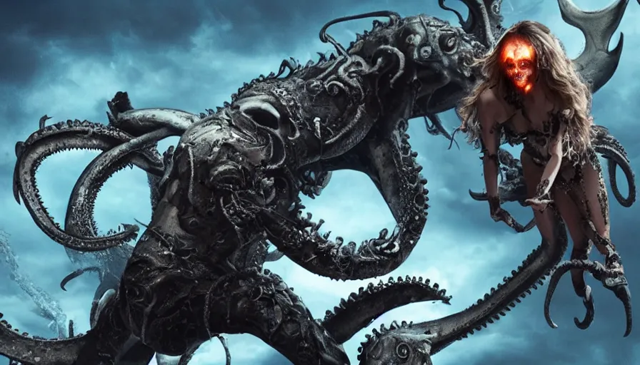 Image similar to Big budget movie about a cyborg demon fighting the kraken