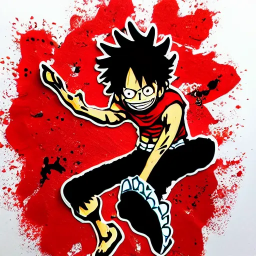 Image similar to die cut sticker, luffy gear 5, splatter paint on paper