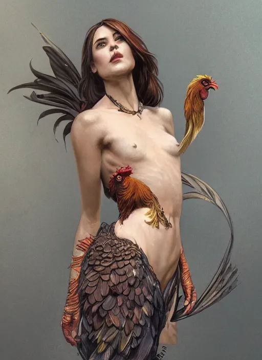 Image similar to full figure ultra realistic illustration, rooster, beautiful, intricate, elegant, highly detailed, digital painting, artstation, concept art, smooth, sharp focus, illustration, art by artgerm and greg rutkowski and alphonse mucha