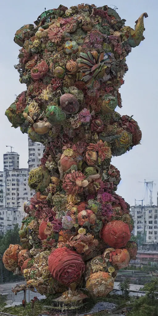 Prompt: colossal grotesque flower made from communist dreams in the middle of abandoned post soviet constructivist cityscape, Stalinist architecture, ultradetailed by Hayao Miyazaki and Josan Gonzalez and Makoto Shinkai and Giuseppe Arcimboldo and Wes Anderson